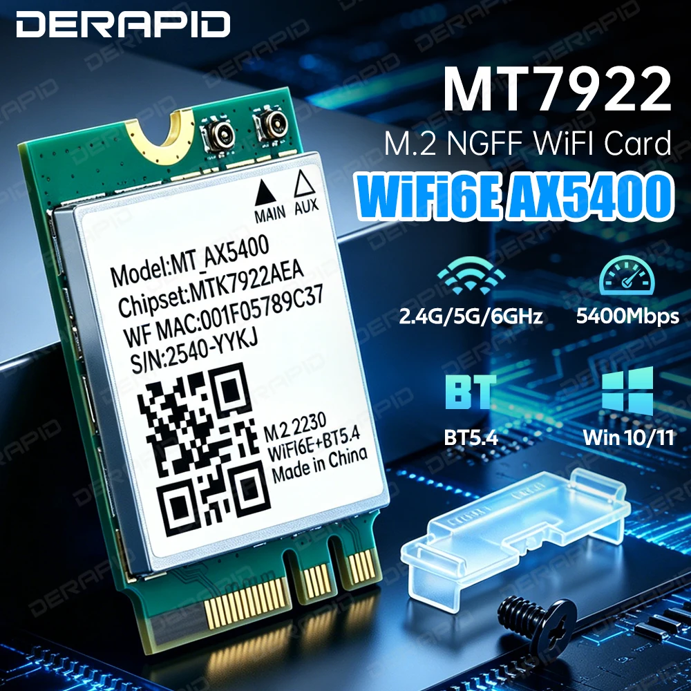 WiFi 6E MT7922 M2 Wireless Adapter 5374Mbps Tri Band 2.4G 5G 6GHz Bluetooth 5.4 80211ax MU-MIMO Network Card for Win10 Win11
WiFi 6E MT7922 M2 Wireless Adapter 5374Mbps Tri Band 2.4G 5G 6GHz Bluetooth 5.4 80211ax MU-MIMO Network Card for Win10 Win11