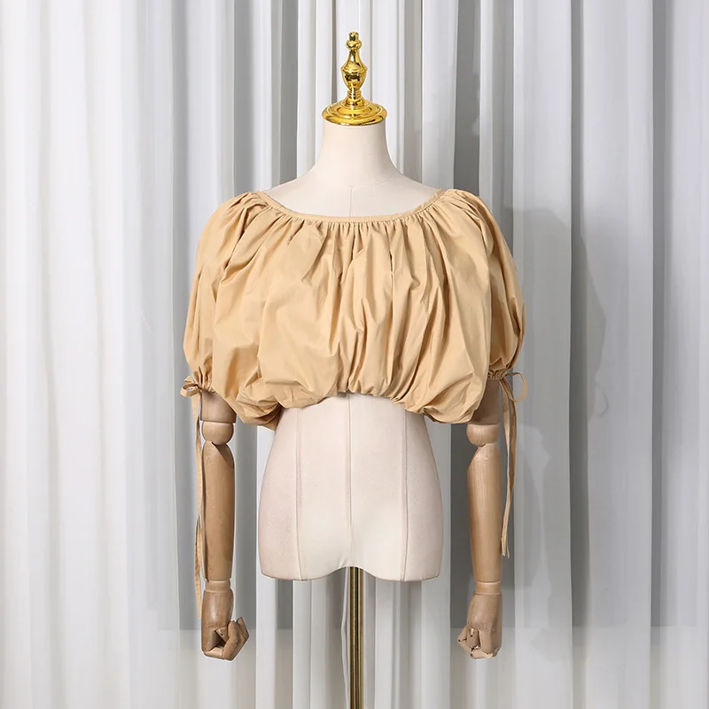 Women’s Light Khaki Off Shoulder Elastic Ruched Puff Sleeve Tie Cuff Cropped Blouse Romantic Feminine Top
Women’s Light Khaki Off Shoulder Elastic Ruched Puff Sleeve Tie Cuff Cropped Blouse Romantic Feminine Top