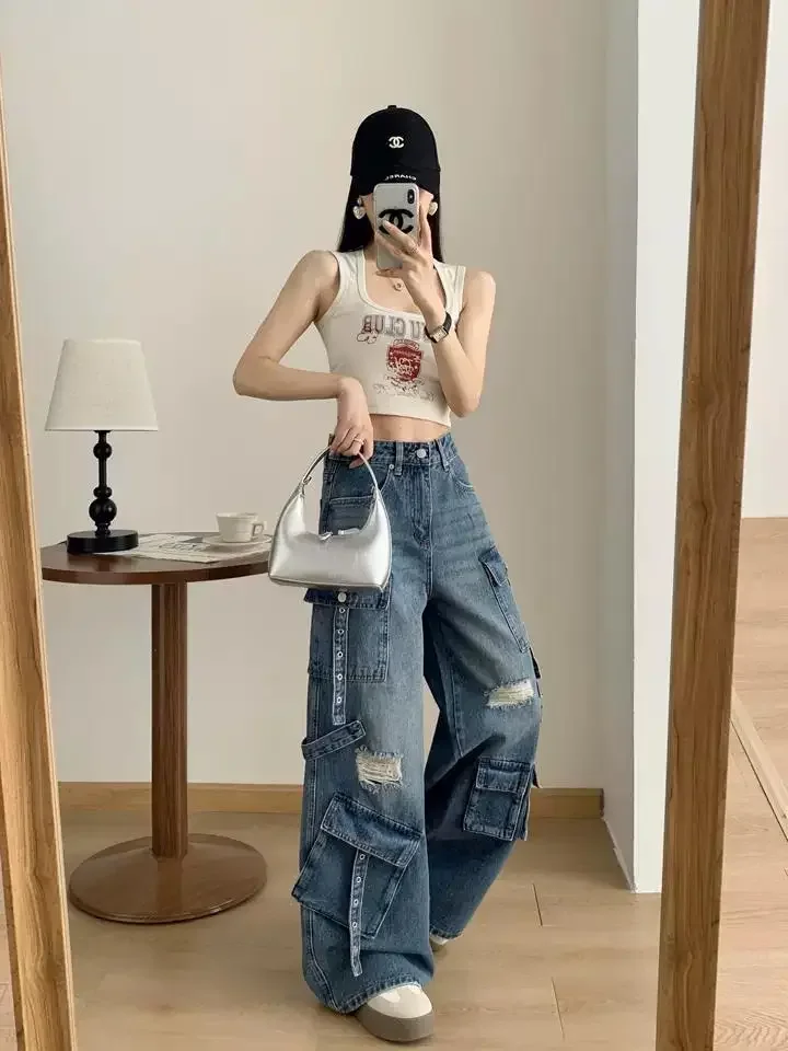 Осень 202, женские винтажные уличные рваные джинсы-карго с Mutil Pockets Y2K, мешковатые джинсовые брюки, широкие брюки высокого качества 
Осень 202, женские винтажные уличные рваные джинсы-карго с Mutil Pockets Y2K, мешковатые джинсовые брюки, широкие брюки высокого качества