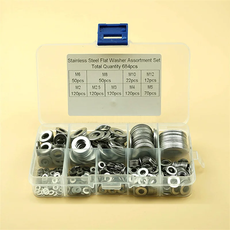 684PCS 304 Stainless Steel Flat Washer Set M2 M2.5 M3 M4 M5 M6 M8 M10 M12 Washer Plain Gasket Assortment Kit
684PCS 304 Stainless Steel Flat Washer Set M2 M2.5 M3 M4 M5 M6 M8 M10 M12 Washer Plain Gasket Assortment Kit