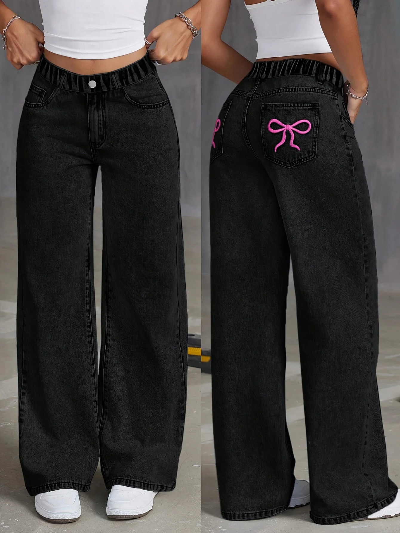 The girl's black Y2K style fringed embroidery pattern denim straight-leg pants, with a comfortable fabric and full elastic waist
The girl's black Y2K style fringed embroidery pattern denim straight-leg pants, with a comfortable fabric and full elastic waist