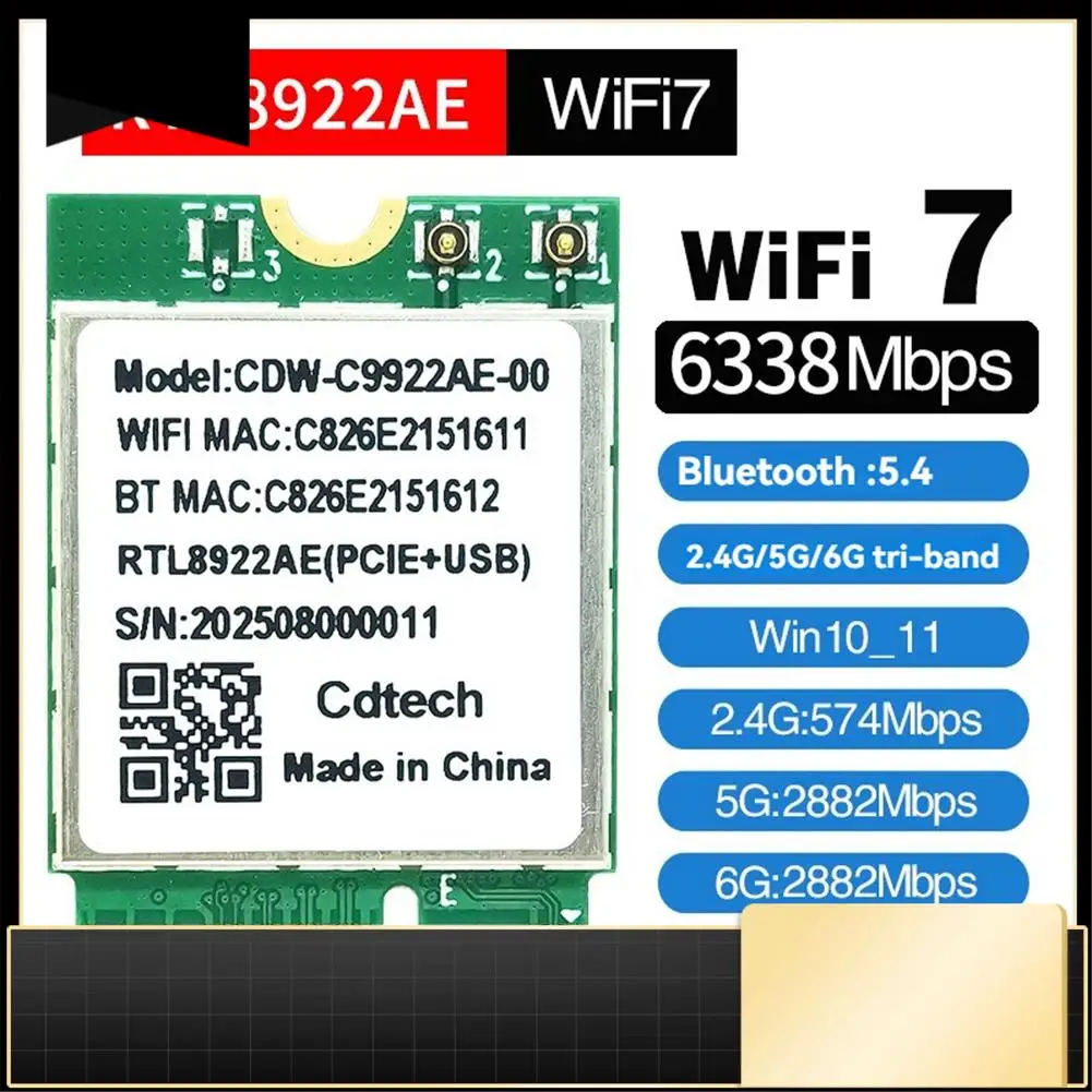N33R-трехдиапазонный 2,4G/5G/6G Wi-Fi7 RTL8922AE Беспроводная сетевая карта + антенна 8 дБ 6338 Мбит/с Bluetooth 5,4 для Windows 10/11
N33R-трехдиапазонный 2,4G/5G/6G Wi-Fi7 RTL8922AE Беспроводная сетевая карта + антенна 8 дБ 6338 Мбит/с Bluetooth 5,4 для Windows 10/11