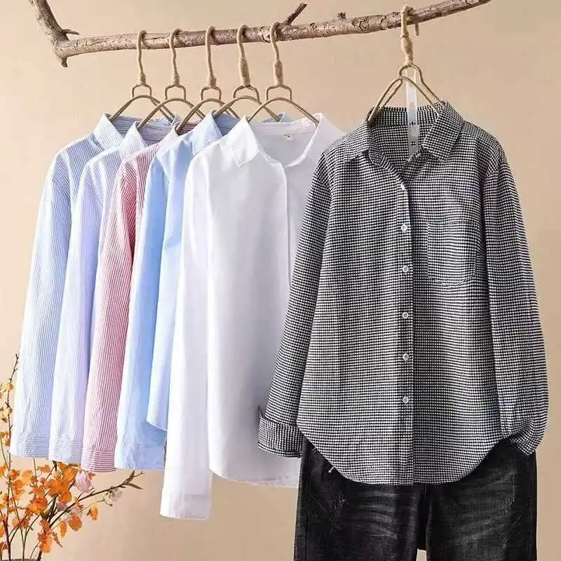 Women Shirt Striped Blouses Pocket Long Sleeves Turn Down Collar Single Breasted Slight Strech Loose Office Casual 2026 Spring
Women Shirt Striped Blouses Pocket Long Sleeves Turn Down Collar Single Breasted Slight Strech Loose Office Casual 2026 Spring