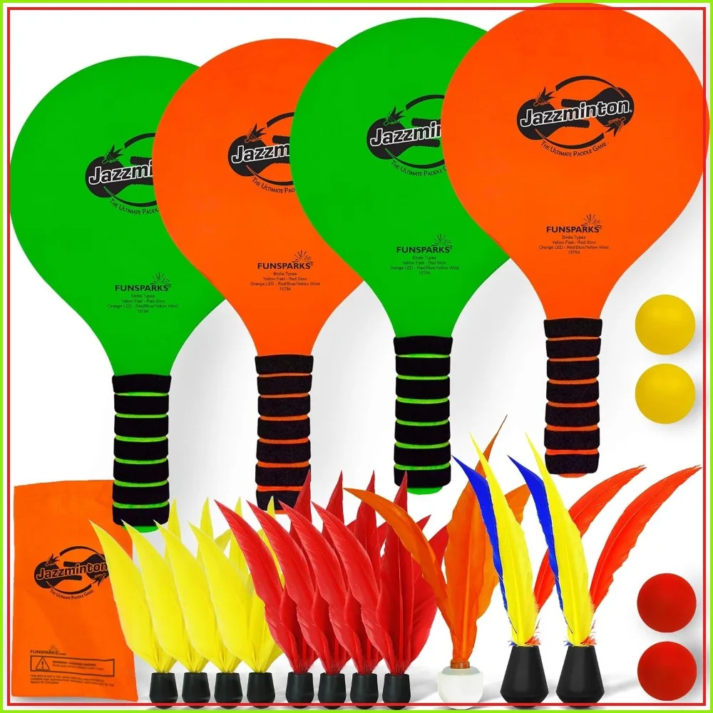 Jazzminton Paddle Game Set - 4 Rackets, 2 Birdies, 2 Balloons - Beach, Lawn, Yard, Camping Games for Teens and Adults
Jazzminton Paddle Game Set - 4 Rackets, 2 Birdies, 2 Balloons - Beach, Lawn, Yard, Camping Games for Teens and Adults