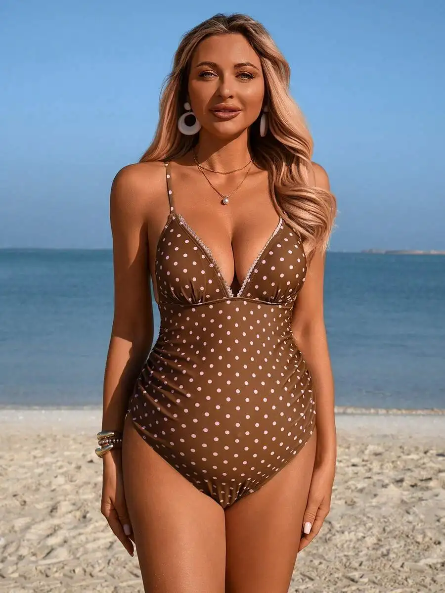 Brown Polka Dot One Piece Swimsuit Spaghetti Strap Beach Vacation Swimwear
Brown Polka Dot One Piece Swimsuit Spaghetti Strap Beach Vacation Swimwear