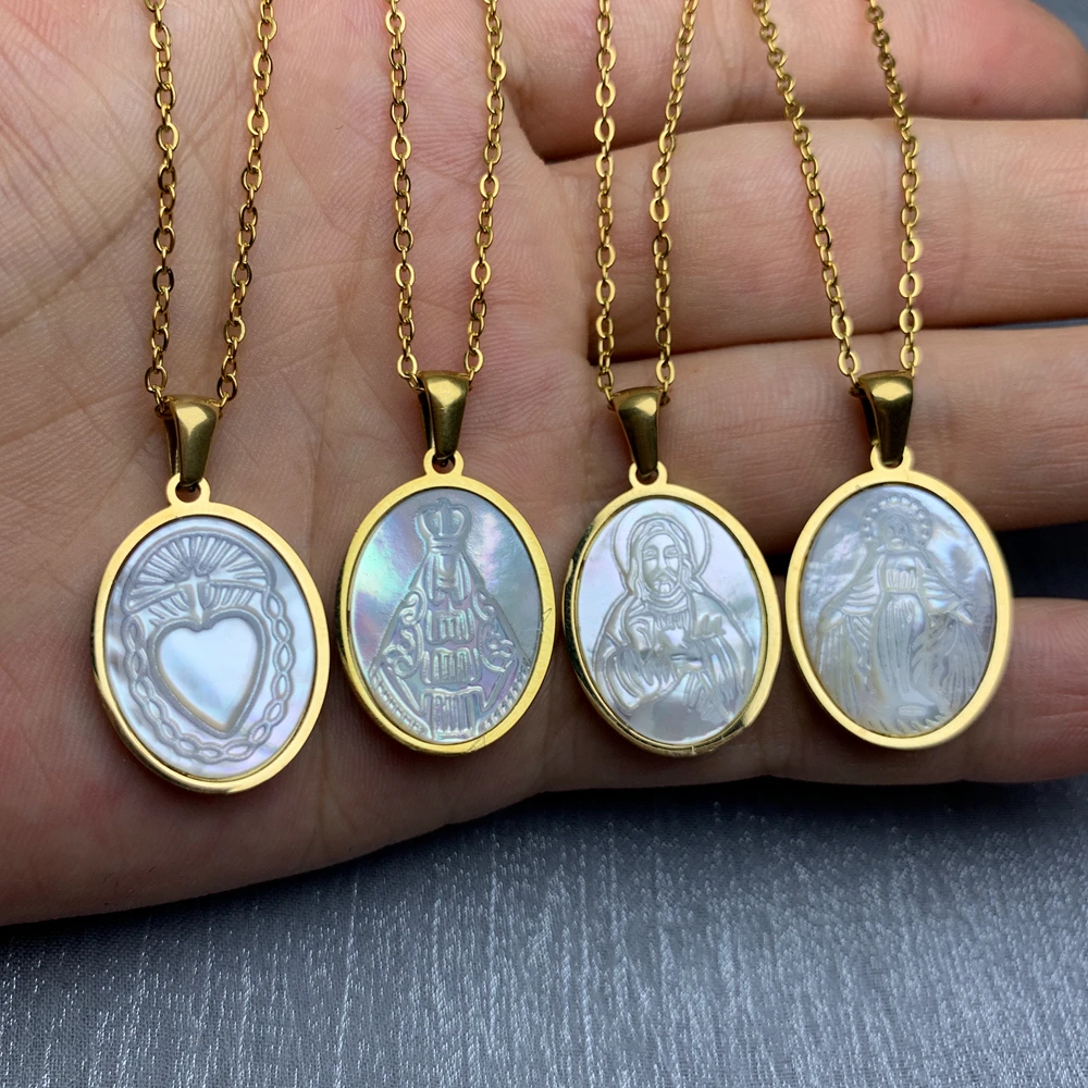 Stainless Steel Necklace Women Oval Mother Pearl Shell Religious Jesus Our Lady Virgin Mary Sacred Heart Pendant Neck For Female
Stainless Steel Necklace Women Oval Mother Pearl Shell Religious Jesus Our Lady Virgin Mary Sacred Heart Pendant Neck For Female