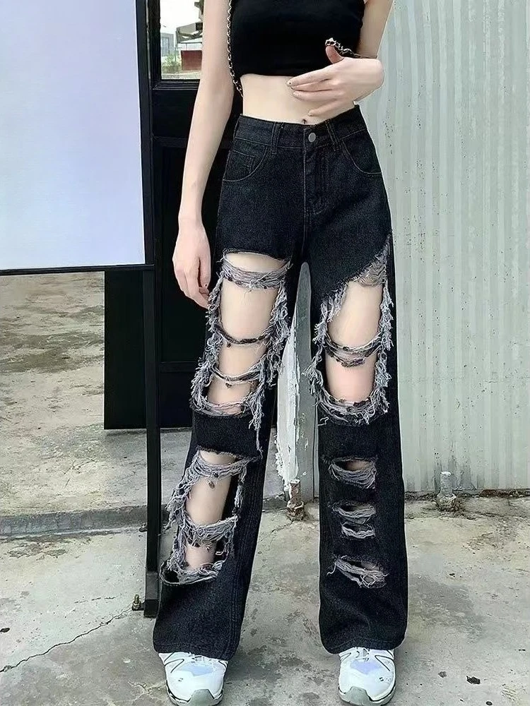 Women's Black Ripped Jeans American High Street Style Baggy Wide Leg Denim Pants Loose Slimming Straight Trousers Floor Length
Women's Black Ripped Jeans American High Street Style Baggy Wide Leg Denim Pants Loose Slimming Straight Trousers Floor Length