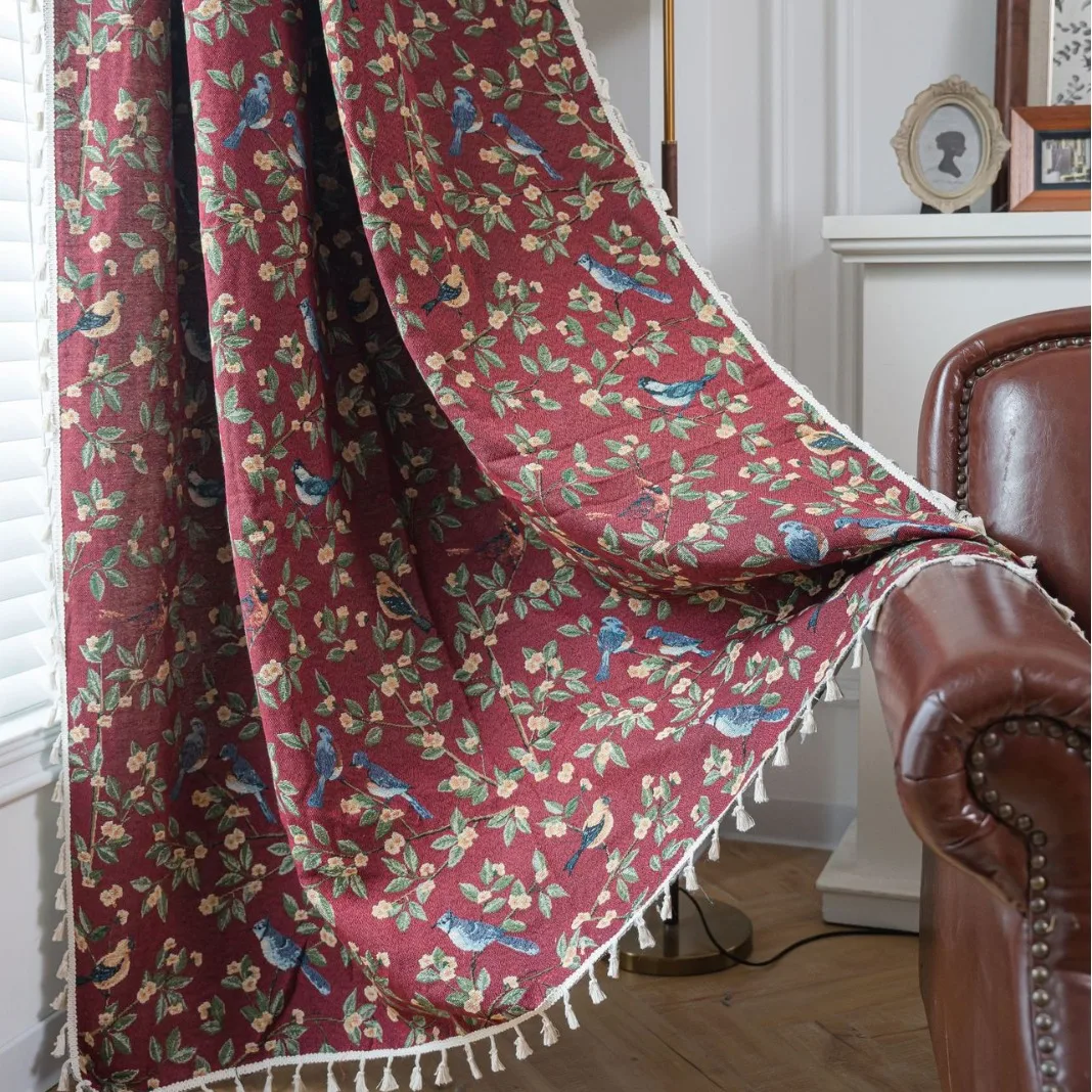 Red color Jacquard flower-and-bird patterned window curtains are semi-light-blocking for home decor
Red color Jacquard flower-and-bird patterned window curtains are semi-light-blocking for home decor