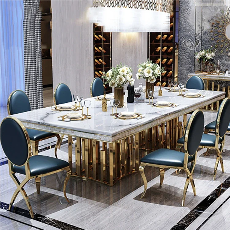 Light luxury villa marble dining table and chair set Italian modern dining room stainless steel base rectangle dining table
Light luxury villa marble dining table and chair set Italian modern dining room stainless steel base rectangle dining table