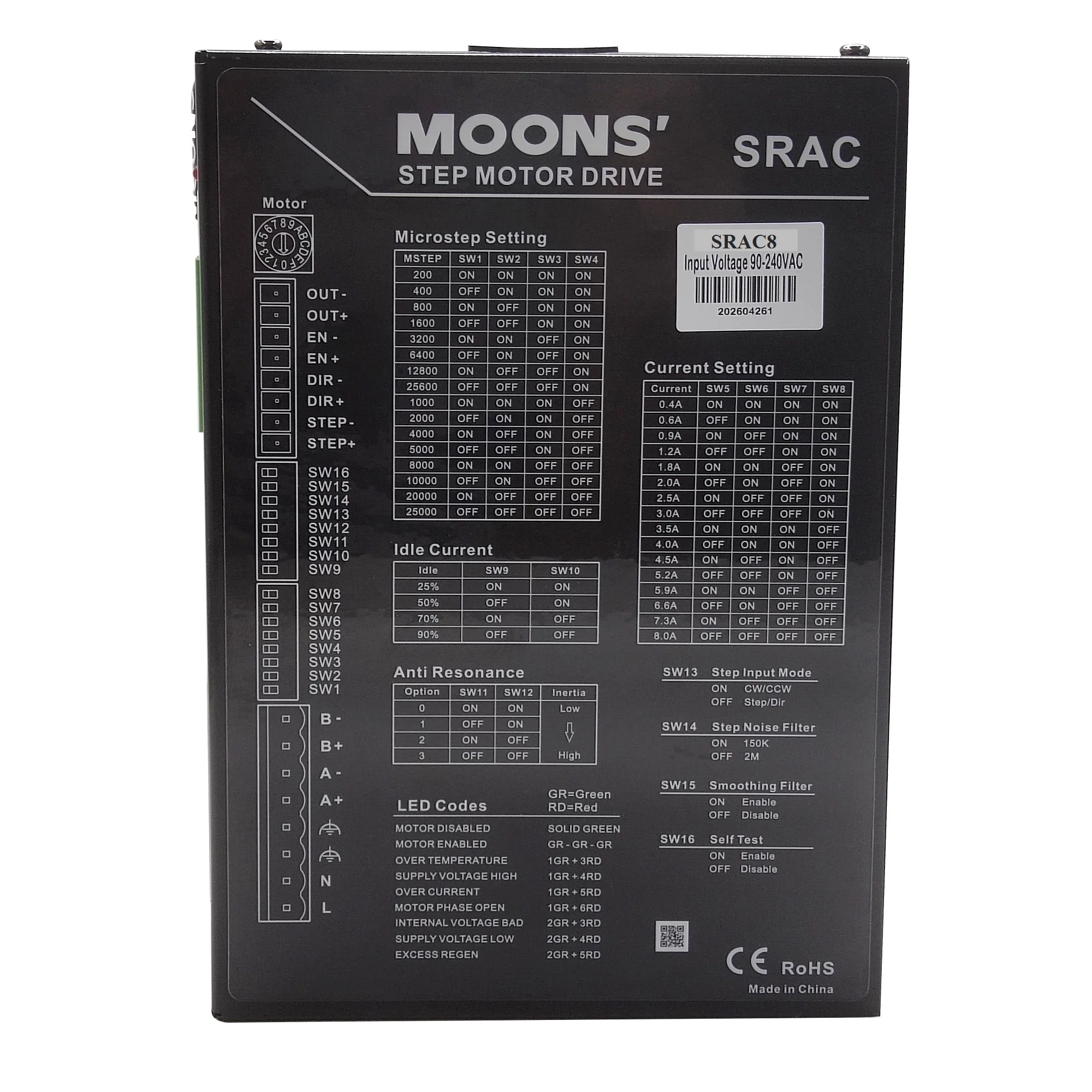 MOONS SRAC8 2-фазный Драйвер шагового двигателя 25600 шаг CNC цифровой микрошаговый драйвер
MOONS SRAC8 2-фазный Драйвер шагового двигателя 25600 шаг CNC цифровой микрошаговый драйвер