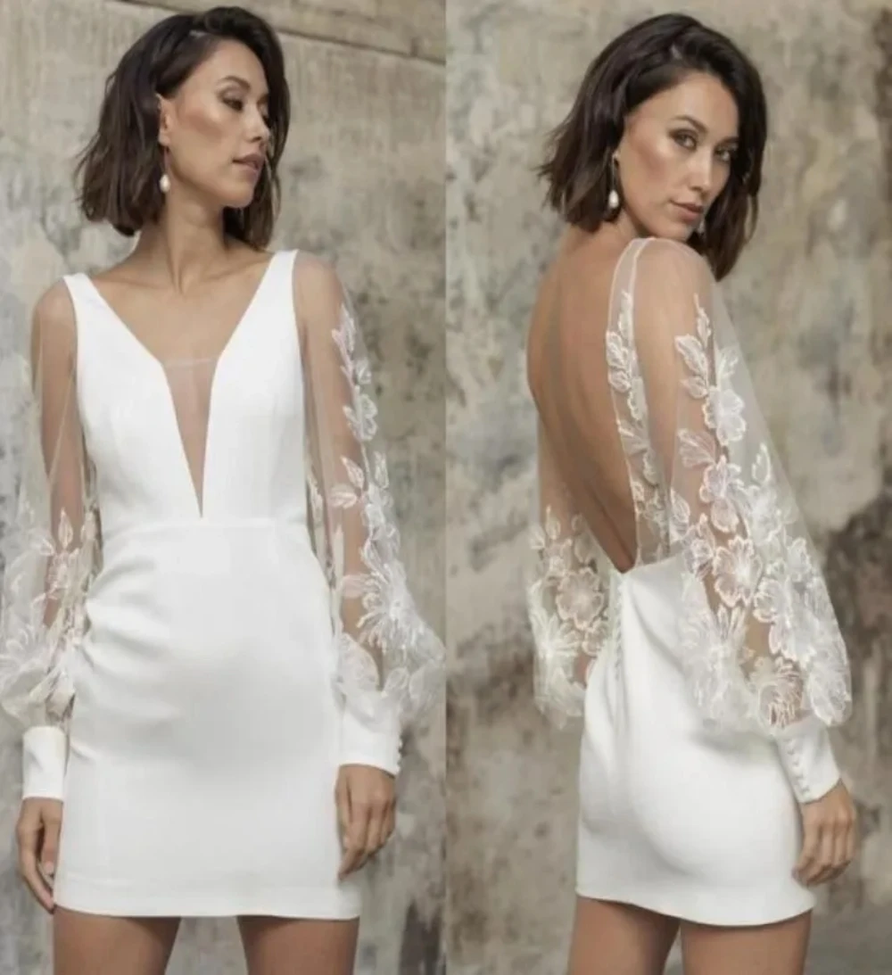 Chic Short Wedding Dresses For Women V Neck Satin Lace Long Sleeves Backless Bridal Gown Above Knee Vestidos De Boda 2023 Custom
Chic Short Wedding Dresses For Women V Neck Satin Lace Long Sleeves Backless Bridal Gown Above Knee Vestidos De Boda 2023 Custom