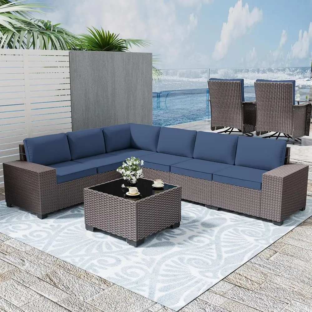 7-Piece Wicker Sectional Outdoor Patio Furniture Set with Cushions and Tempered Glass Coffee Table
7-Piece Wicker Sectional Outdoor Patio Furniture Set with Cushions and Tempered Glass Coffee Table