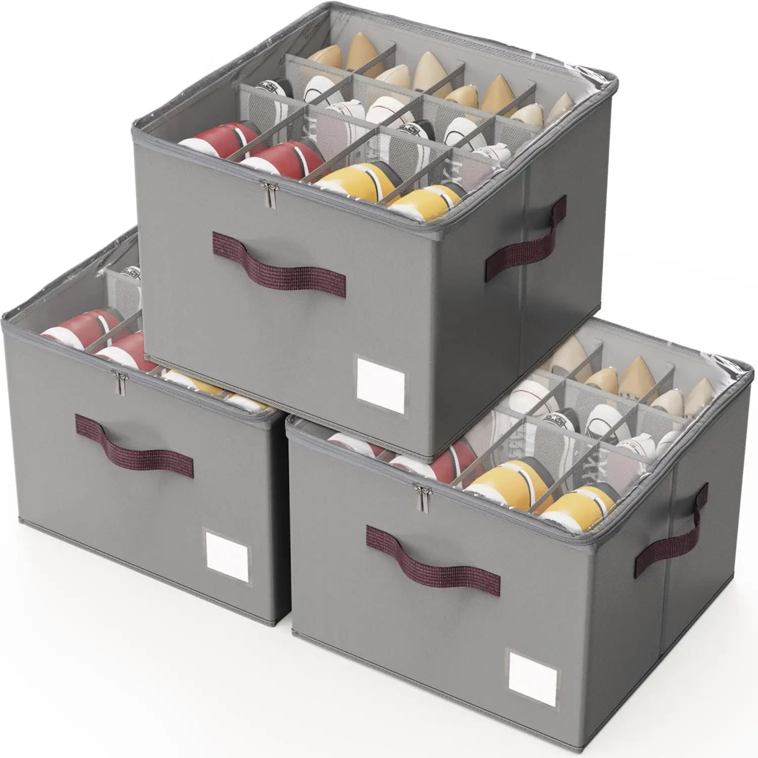 3 Pack Shoe Organizer for Closet, Transparent Cover, Sturdy Handles, Holds 12-16 Pairs, Gray
3 Pack Shoe Organizer for Closet, Transparent Cover, Sturdy Handles, Holds 12-16 Pairs, Gray