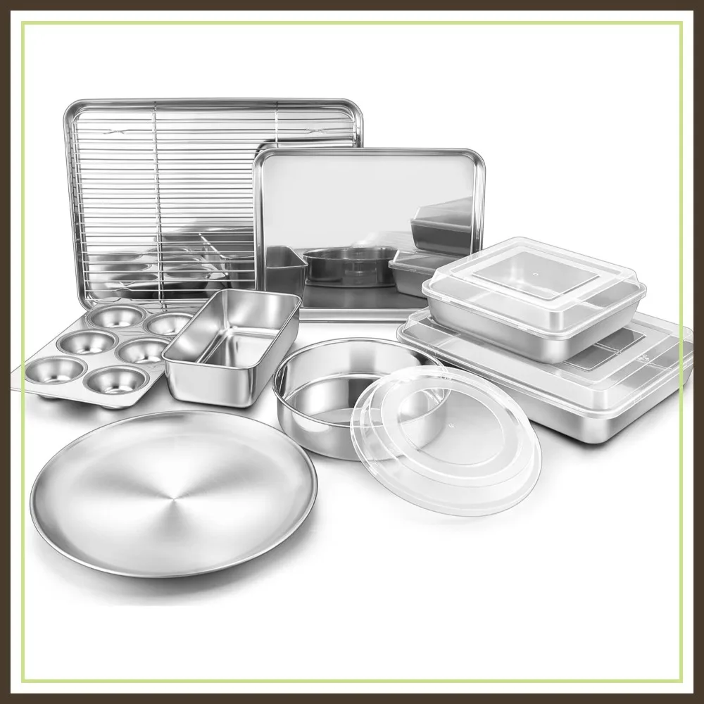 Stainless Steel Bakeware Set: Baking Sheet, Pizza Pan, Loaf Pan, Muffin Pan, Cake Pan with Lids, Lasagna Pan with Rack
Stainless Steel Bakeware Set: Baking Sheet, Pizza Pan, Loaf Pan, Muffin Pan, Cake Pan with Lids, Lasagna Pan with Rack