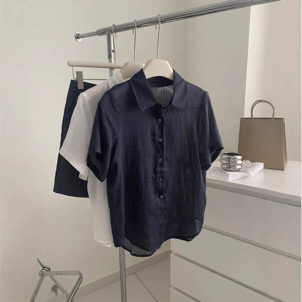 Ramie Short Sleeve Black Shirt For Women Old Money Style, Thin Slightly Sheer, Turn-down Collar Blouse, Cardigan, Summer
Ramie Short Sleeve Black Shirt For Women Old Money Style, Thin Slightly Sheer, Turn-down Collar Blouse, Cardigan, Summer