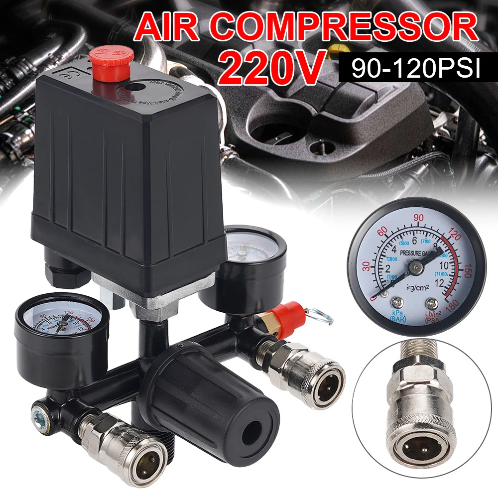 220V Air Compressor Pressure Switch Valve 90-120PSI Automatic Control Manifold Regulator with Gauges Safety Valve QuickConnector
220V Air Compressor Pressure Switch Valve 90-120PSI Automatic Control Manifold Regulator with Gauges Safety Valve QuickConnector