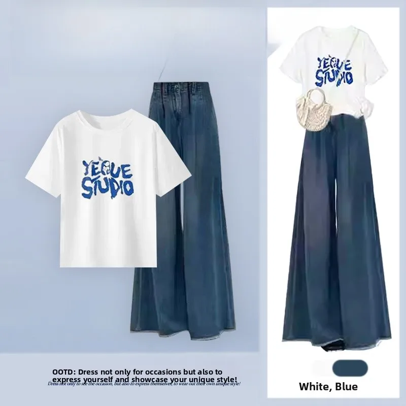 New Summer Women's Korean Sle ort Sve T-irt Top High Waist Slim Wide Leg Jeans Two Piece Set Faionable Casual Outfit
New Summer Women's Korean Sle ort Sve T-irt Top High Waist Slim Wide Leg Jeans Two Piece Set Faionable Casual Outfit