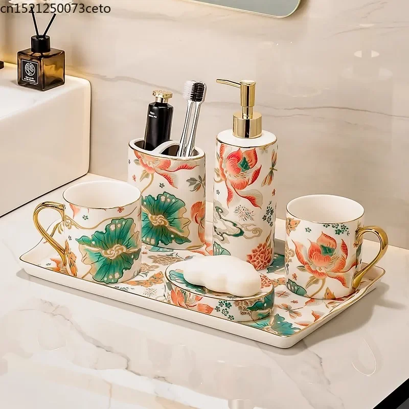Ceramic Bathroom Set Gold Edged Ceramic Lotion Bottle Toothbrush Holder Soap Dish Storage Tray High End Bathroom Accessories
Ceramic Bathroom Set Gold Edged Ceramic Lotion Bottle Toothbrush Holder Soap Dish Storage Tray High End Bathroom Accessories