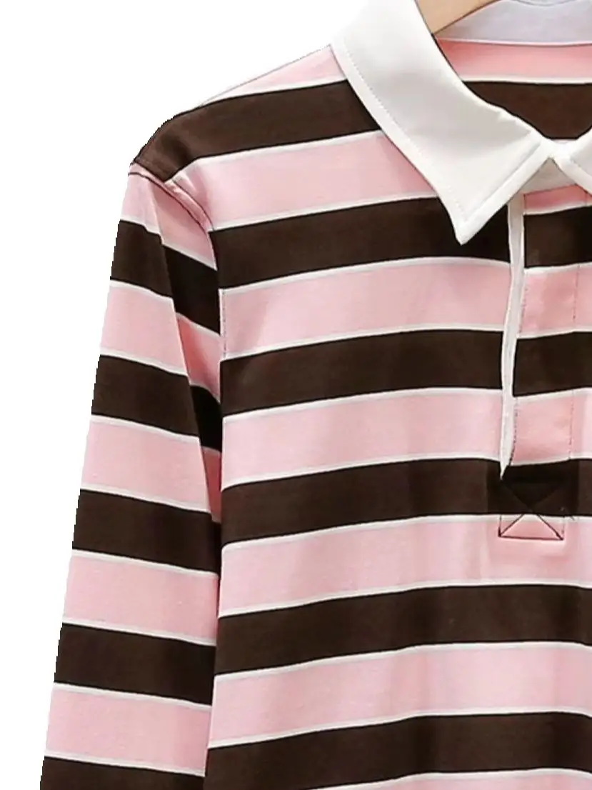 Spring/Summer Women Polo Neck Contrast Striped Long Sleeve Pullover Single Breasted Loose Fashion Casual Top
Spring/Summer Women Polo Neck Contrast Striped Long Sleeve Pullover Single Breasted Loose Fashion Casual Top