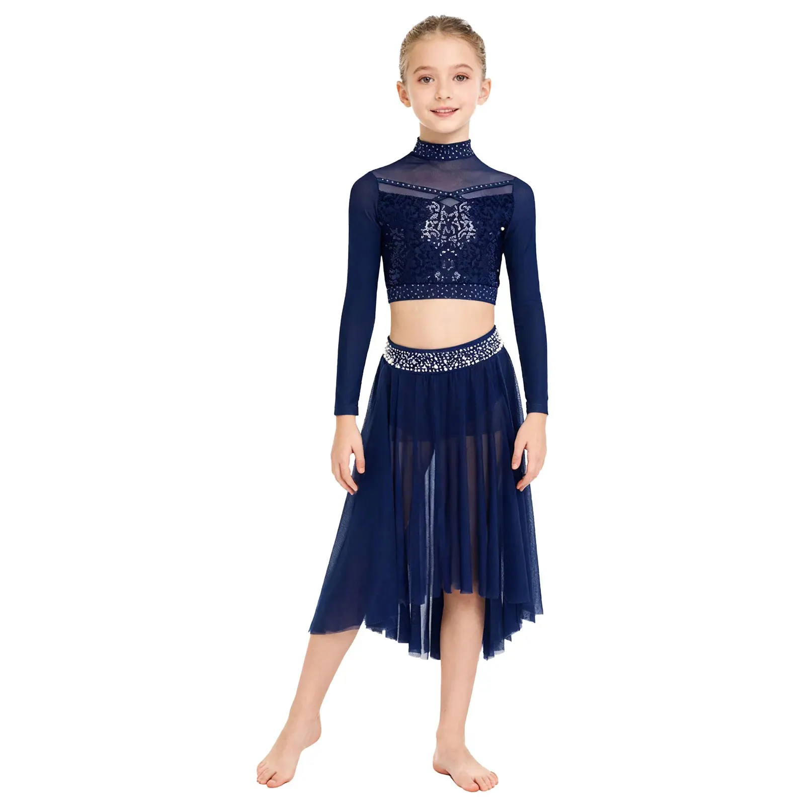 Big Girls Lyrical Dance Set Rhinestones Crop Tops with Side Slit Irregular Mesh Skirt Modern Contemporary Competition Dancewear
Big Girls Lyrical Dance Set Rhinestones Crop Tops with Side Slit Irregular Mesh Skirt Modern Contemporary Competition Dancewear