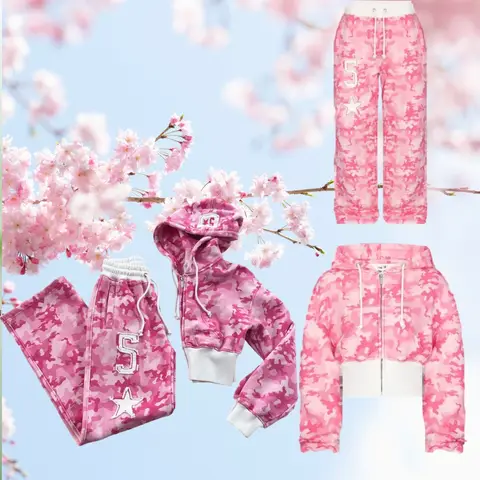 Retro pink two-piece sportswear hip hop sexy camouflage short hoodie women y2k street clothing new casual sports pants