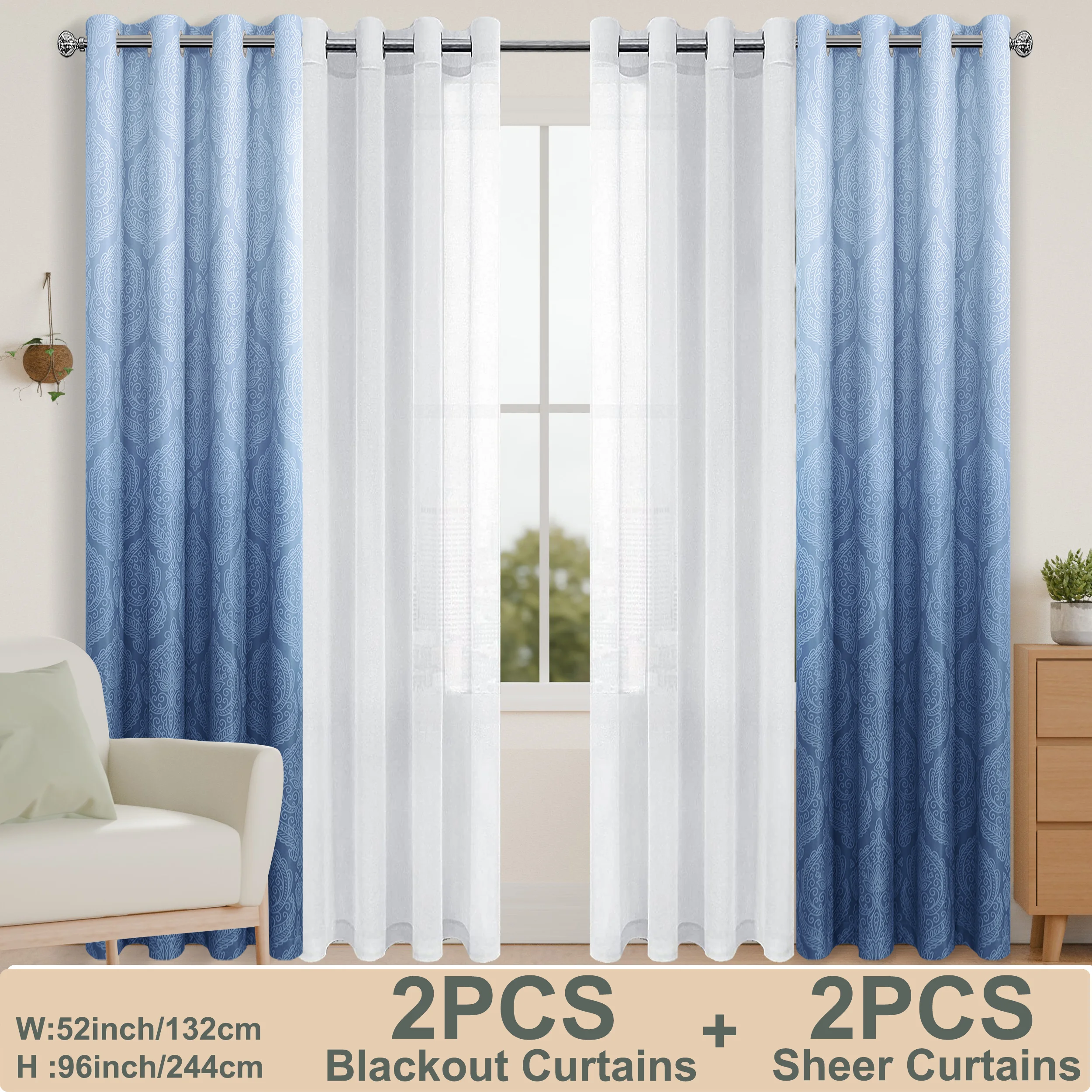 4pcs/ SET Curtains - 2pcs Gradient Blackout Ombre Curtains And 2pcs Semi Sheer Curtains for Bedroom & Living Room Grommet Top Window Drapes
4pcs/ SET Curtains - 2pcs Gradient Blackout Ombre Curtains And 2pcs Semi Sheer Curtains for Bedroom & Living Room Grommet Top Window Drapes