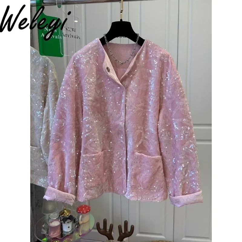 Popular Pink Velvet Sequins Jacket Women's Winter Clothes Temperament Socialite 2024 Autumn New Woman Long Sleeve Coat Casacos
Popular Pink Velvet Sequins Jacket Women's Winter Clothes Temperament Socialite 2024 Autumn New Woman Long Sleeve Coat Casacos