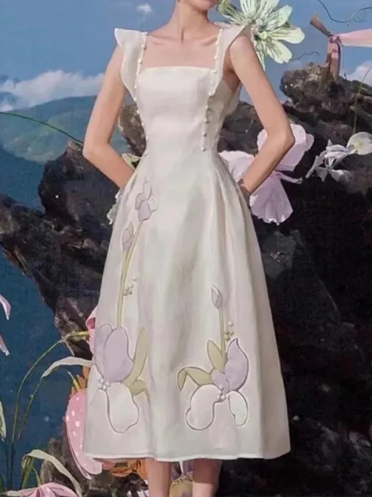 Jielur Elegant Beige Square Collar Ruffles Sleeveless Button Dresses Women Slim Party Runway Summer Floral Backless Midi Dress
Jielur Elegant Beige Square Collar Ruffles Sleeveless Button Dresses Women Slim Party Runway Summer Floral Backless Midi Dress