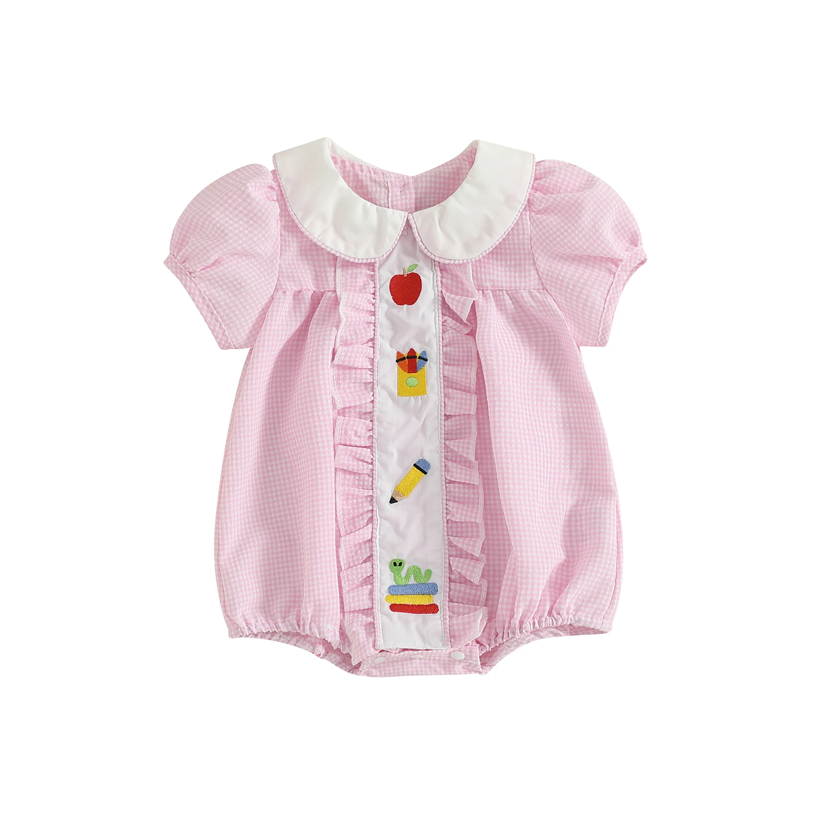 Toddler Girl Back to School Plaid Romper with Short Sleeves and Doll Collar Embroidered Jumpsuit for Summer Fun
Toddler Girl Back to School Plaid Romper with Short Sleeves and Doll Collar Embroidered Jumpsuit for Summer Fun