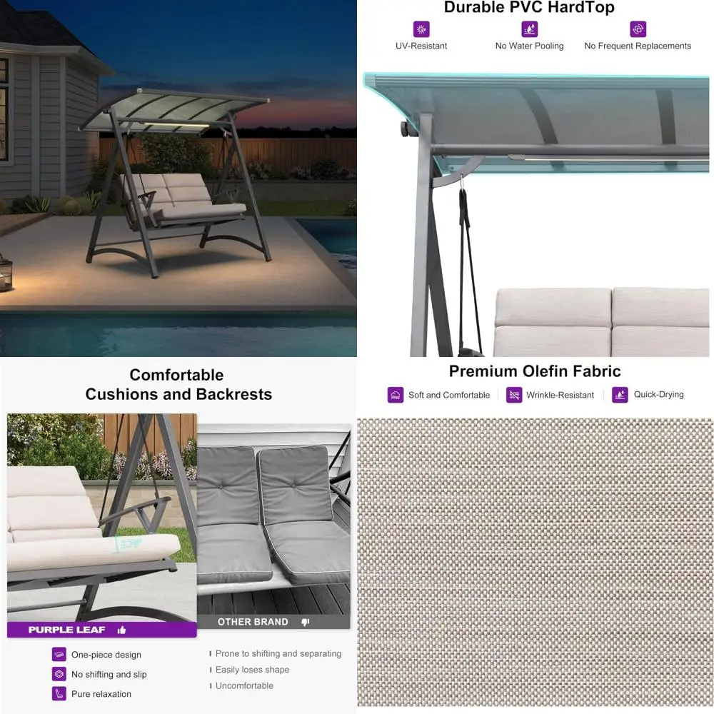Modern Outdoor Porch Swing Chair for Two with PVC Canopy, Solar LED Lights, and Deluxe Hammock Swinging Features
Modern Outdoor Porch Swing Chair for Two with PVC Canopy, Solar LED Lights, and Deluxe Hammock Swinging Features