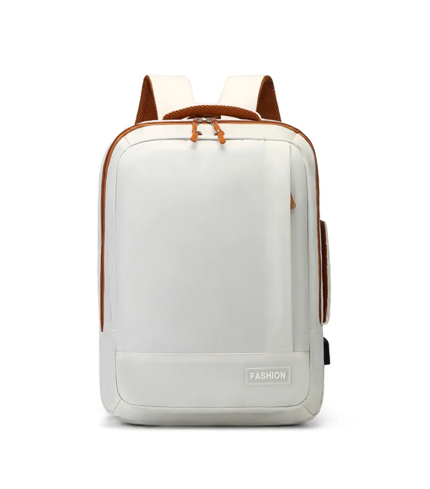 White minimalist backpack with coffee brown piping edge printed fashion logo padded handle anti scratch compact design
White minimalist backpack with coffee brown piping edge printed fashion logo padded handle anti scratch compact design