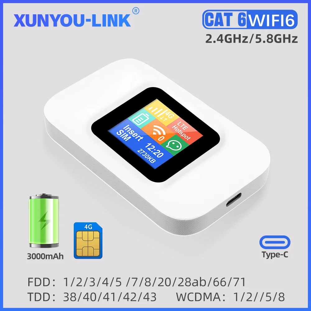 XUNYOU-LINK 4G+ WIFI 6 LTE Cat 6 Mobile WiFi Router Portable Hotspot with 3000mAh Battery High-Speed Internet Pocket WiFi Modem