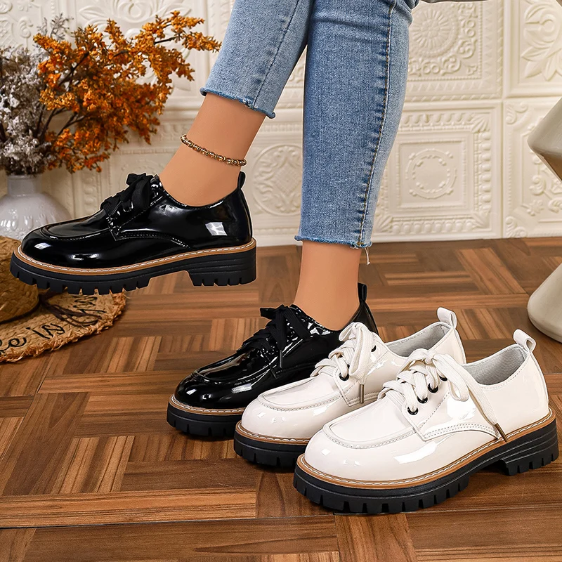 Womens Shoes High Quality Patent Leather Casual Shoes Classic Round Toe Thick Soled Single Shoes Lace Up Women's Oxford Footwear
Womens Shoes High Quality Patent Leather Casual Shoes Classic Round Toe Thick Soled Single Shoes Lace Up Women's Oxford Footwear