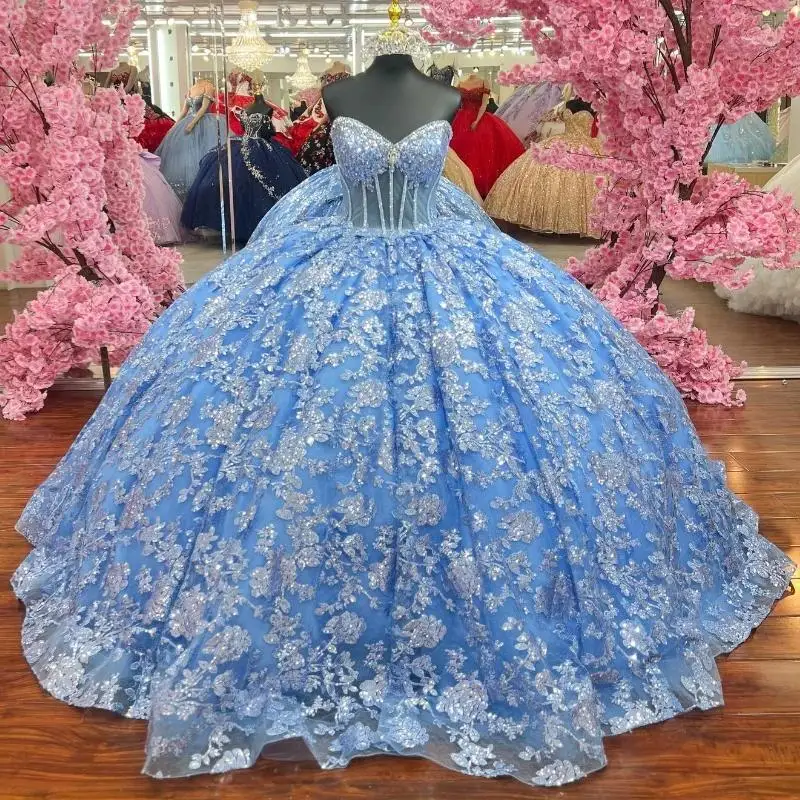 Luxury Sky Blue Ball Gown Quinceanera Dresses Sequin Applique Lace Beaded Tull Off Shoulder Sweet 16 Dress Lace-up Vestidos De
Luxury Sky Blue Ball Gown Quinceanera Dresses Sequin Applique Lace Beaded Tull Off Shoulder Sweet 16 Dress Lace-up Vestidos De