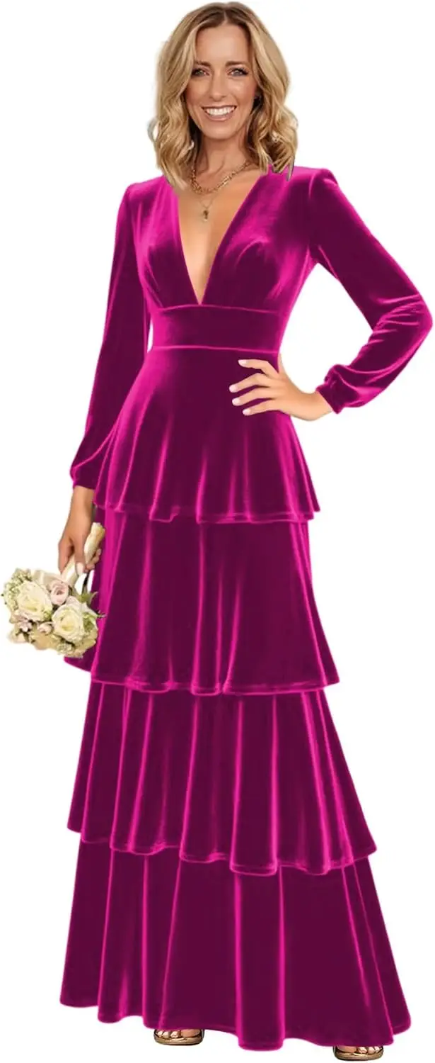 Women's Long Sleeve Velvet Bridesmaid Dresses Tiered V Neck Corset Formal Dress
Women's Long Sleeve Velvet Bridesmaid Dresses Tiered V Neck Corset Formal Dress