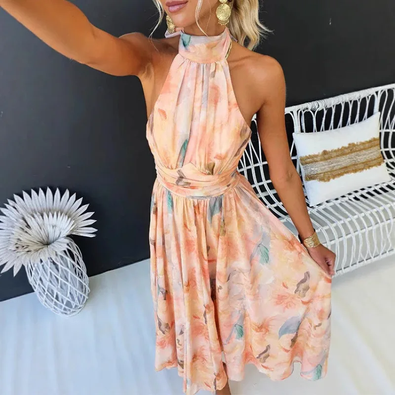 Summer new style women's casual dress with sleeveless printed design and backless style
Summer new style women's casual dress with sleeveless printed design and backless style