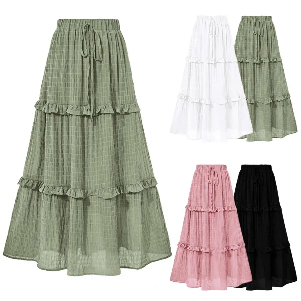 Women Skirt Elastic High Waist Pleated Skirt Adjustable A-line Midi with Ruffle Stitching Solid Color Women's Daily Wear 
Women Skirt Elastic High Waist Pleated Skirt Adjustable A-line Midi with Ruffle Stitching Solid Color Women's Daily Wear