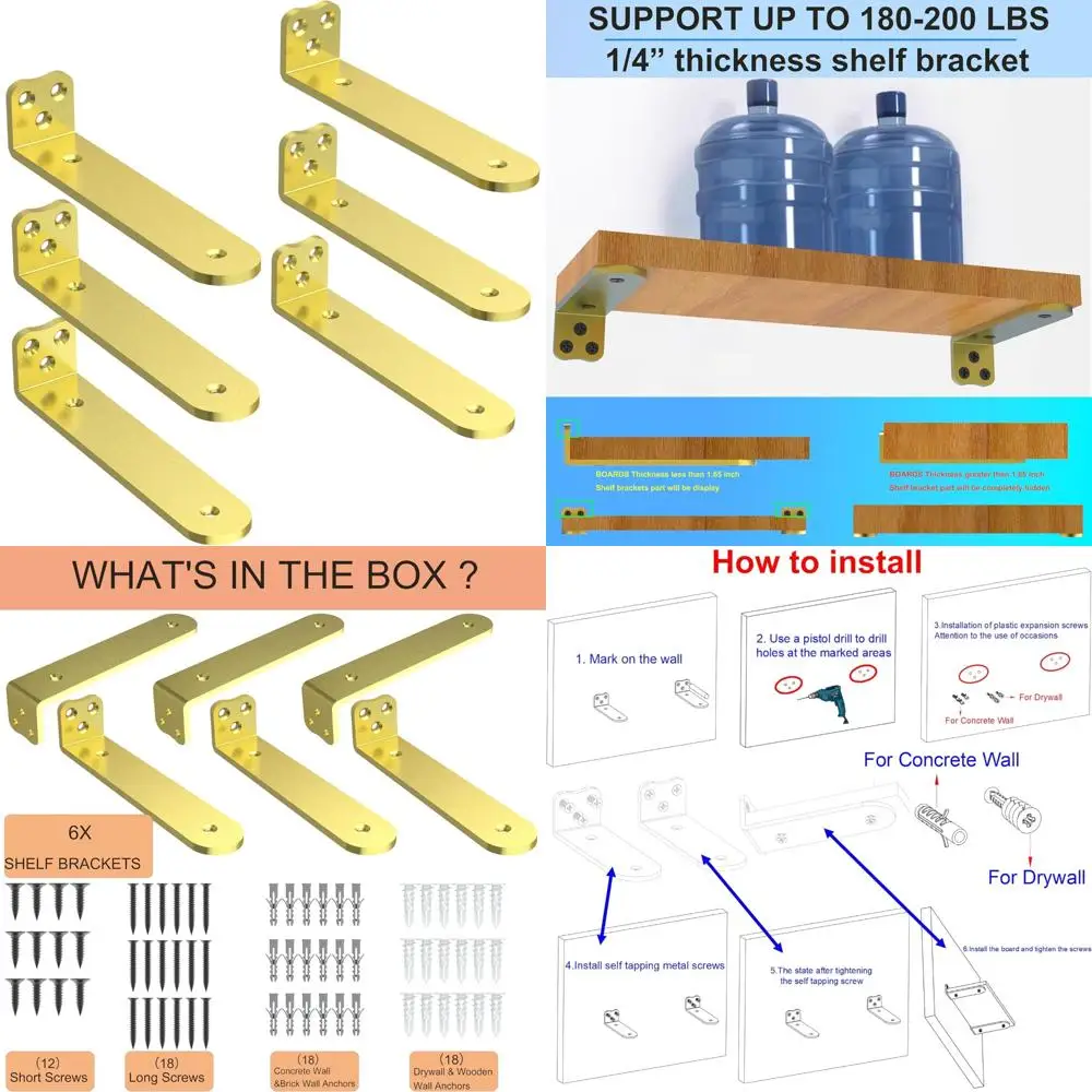 Eurydice Heavy Duty Floating Shelf Brackets, 1/4 inch Thick L Bracket, (12 in 6 Pack Gold), Holds 200 lb, Rounded Arc Edge, One-
Eurydice Heavy Duty Floating Shelf Brackets, 1/4 inch Thick L Bracket, (12 in 6 Pack Gold), Holds 200 lb, Rounded Arc Edge, One-
