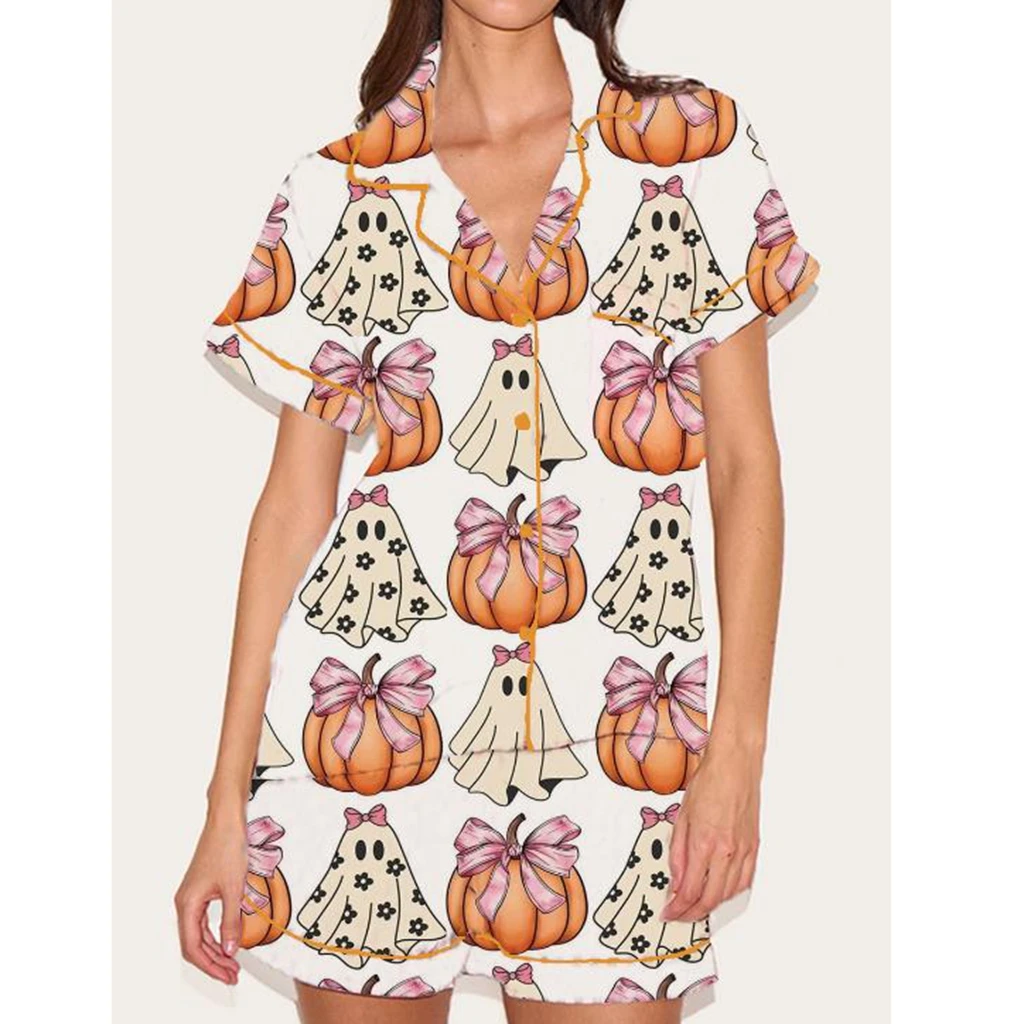 Women Halloween Cartoon Print Pajama Set Pumpkin Short Sleeve Button-up Tops Elastic Waist Shorts 2 Piece Sleepwear Outfit
Women Halloween Cartoon Print Pajama Set Pumpkin Short Sleeve Button-up Tops Elastic Waist Shorts 2 Piece Sleepwear Outfit