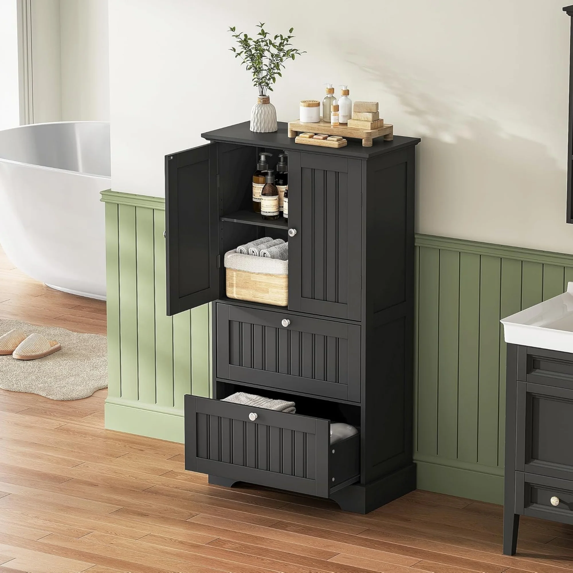 Bathroom Floor Cabinet, Bathroom Storage Cabinet with Drawers and Adjustable Shelf, Freestanding Cupboard Pantry for Kitchen, Living Room, Dining Room, Black
Bathroom Floor Cabinet, Bathroom Storage Cabinet with Drawers and Adjustable Shelf, Freestanding Cupboard Pantry for Kitchen, Living Room, Dining Room, Black