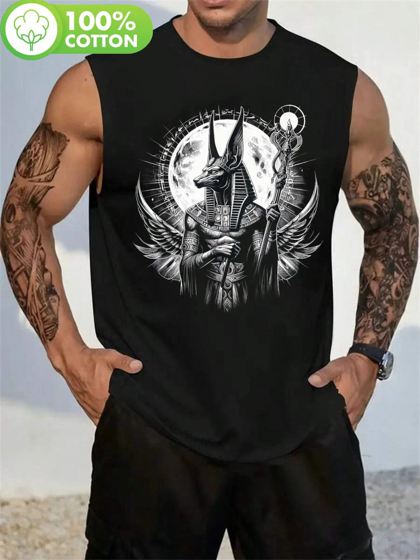 Men's sleeveless vest, featuring the Egyptian god Anubis - breathable black T-shirt
Men's sleeveless vest, featuring the Egyptian god Anubis - breathable black T-shirt