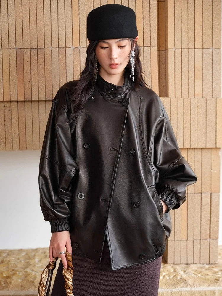Vintage Genuine Leather Jackets Women Spring Autumn High-end Simple Stand Collar Batwing Sleeve Soft Black Real Sheepskin Coat
Vintage Genuine Leather Jackets Women Spring Autumn High-end Simple Stand Collar Batwing Sleeve Soft Black Real Sheepskin Coat