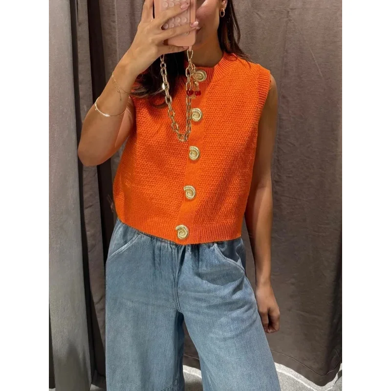 Women's Orange Knitted Thread Vest Sleeveless round Neck Casual Summer Top Loose Streetwear Single-Breasted Holiday Fashion
Women's Orange Knitted Thread Vest Sleeveless round Neck Casual Summer Top Loose Streetwear Single-Breasted Holiday Fashion
