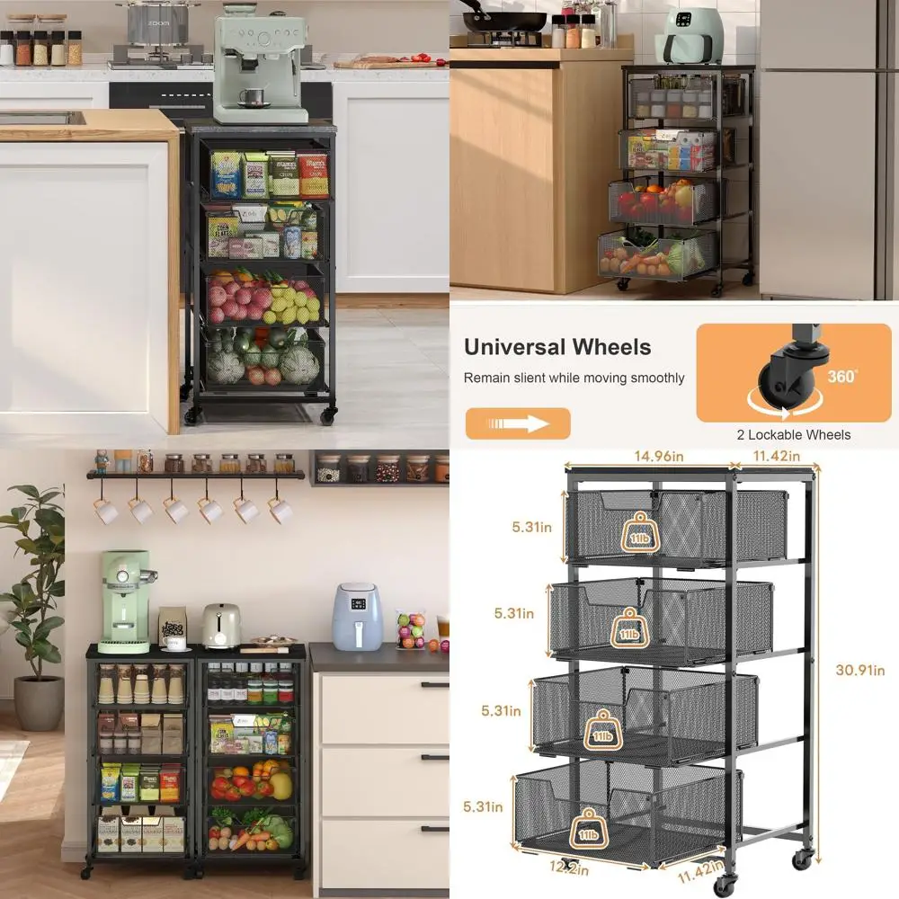 4-Tier Rolling Kitchen Storage Cart with Wooden Top and Metal Wire Shelves for Vegetables, Cans, Snacks (Patent Pending)
4-Tier Rolling Kitchen Storage Cart with Wooden Top and Metal Wire Shelves for Vegetables, Cans, Snacks (Patent Pending)