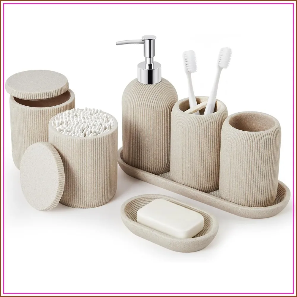 7-Piece Resin Bathroom Accessories Set, Toothbrush Holder, Soap Dispenser, Qtip Holder, Tumbler, Soap Dish & Tray
7-Piece Resin Bathroom Accessories Set, Toothbrush Holder, Soap Dispenser, Qtip Holder, Tumbler, Soap Dish & Tray