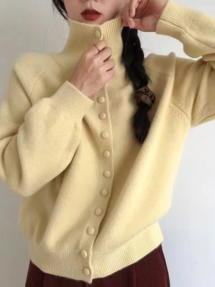Вязаный кардиган с высоким воротником и одной пуговицей, женский свитер с ленивым дизайном, Jaet, новинка 2025, простой элегантный топ
Вязаный кардиган с высоким воротником и одной пуговицей, женский свитер с ленивым дизайном, Jaet, новинка 2025, простой элегантный топ