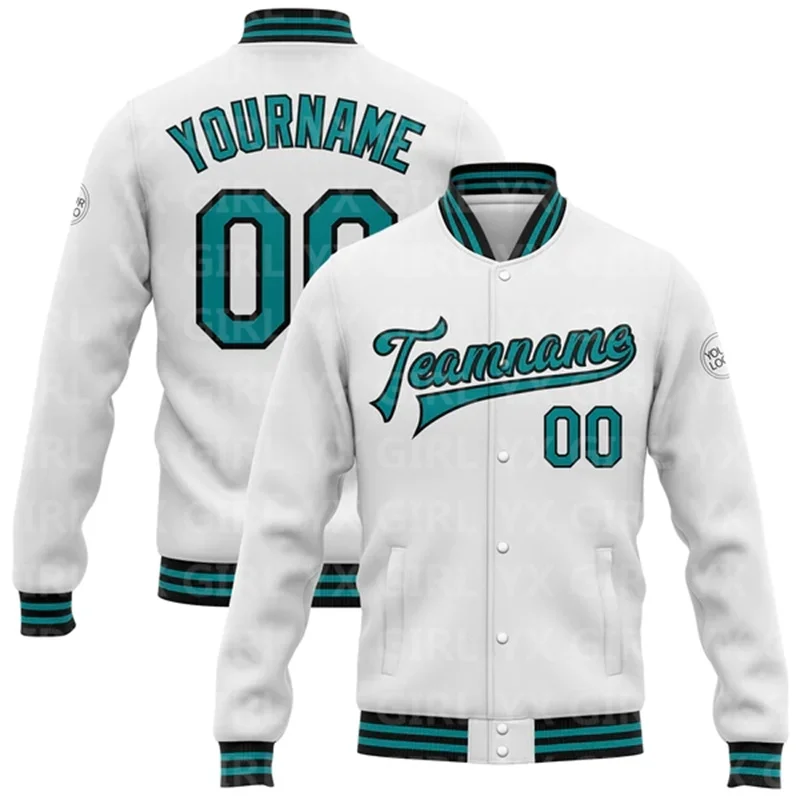Custom White Teal-Black Bomber Full-Snap Varsity Letterman Jacket 3D Printed Baseball Button Jacket
Custom White Teal-Black Bomber Full-Snap Varsity Letterman Jacket 3D Printed Baseball Button Jacket