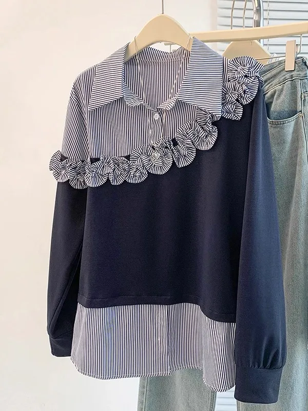 Dark Blue Striped Shirt Women's Shoulder Padded Flounce Trim Korean Style Loose Fit Long Sleeve Collar Casual Top
Dark Blue Striped Shirt Women's Shoulder Padded Flounce Trim Korean Style Loose Fit Long Sleeve Collar Casual Top