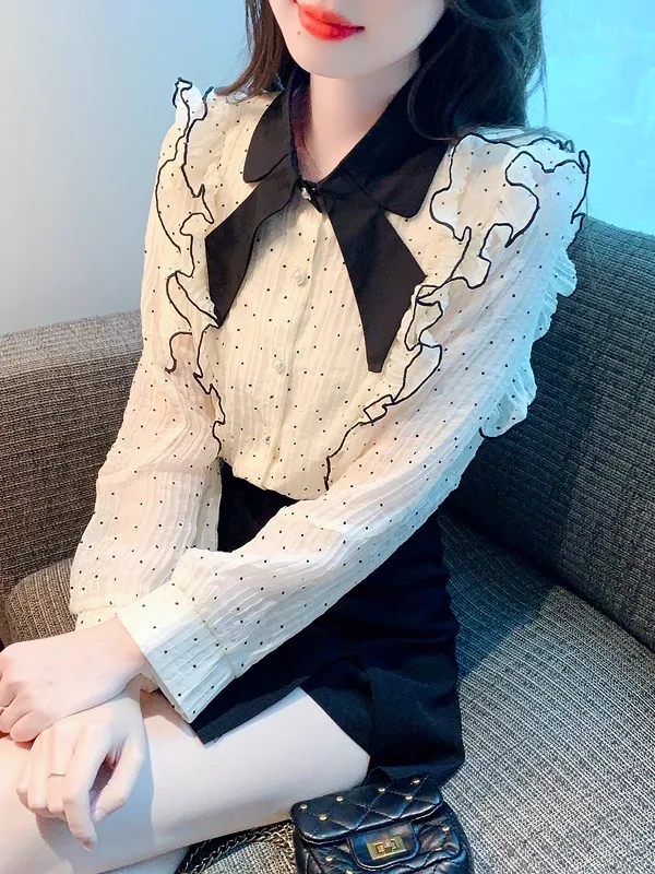 Early Autumn Polka Dot Chiffon Shirt Women's Base Layer Design Sense Knot Lace Bottoming Top Full of Charm
Early Autumn Polka Dot Chiffon Shirt Women's Base Layer Design Sense Knot Lace Bottoming Top Full of Charm