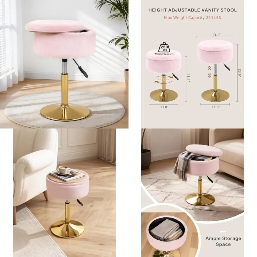 Adjustable Vanity Stool with Storage, 360° Swivel Gold Chair, Small Round Ottoman Footrest for Bathroom, Makeup Room
Adjustable Vanity Stool with Storage, 360° Swivel Gold Chair, Small Round Ottoman Footrest for Bathroom, Makeup Room